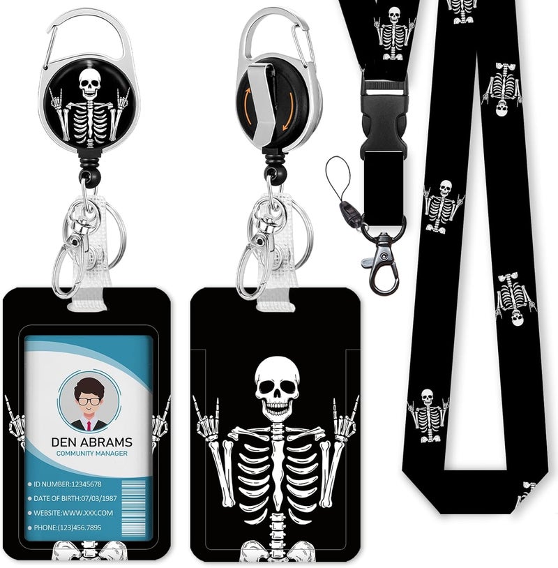 Piefly Lanyards for Id Badges, Funny Badge Holder with Retractable Badge Reel Clip, Skull Skeleton Rock Work Name Tag Keychain Lanyard Vertical ID Card Protector for Women Nurse Doctor Teacher Student - Image 1